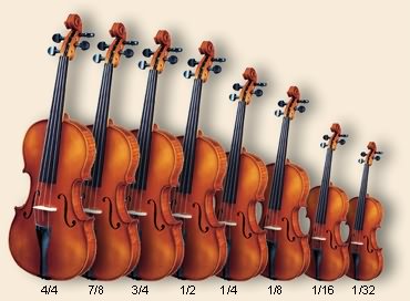 Violine različitih veličina: 1/32, 1/16, 1/8, 1/4, 1/2, 3/4, 7/8 i 4/4